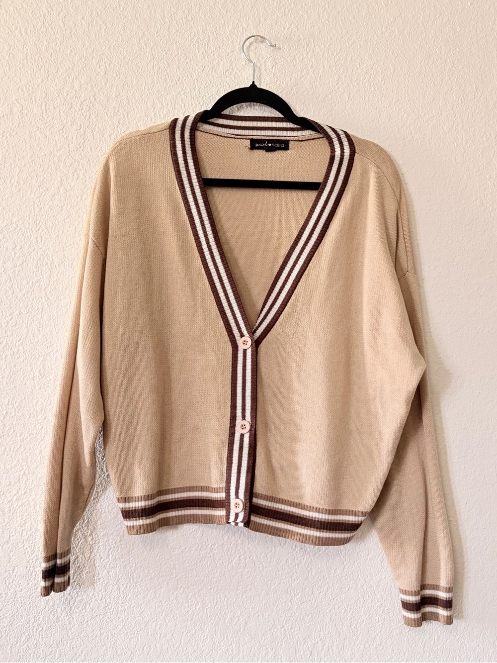 Social scene woman’s large Beige Striped-Trim V-Neck Cardigan Sweater academia